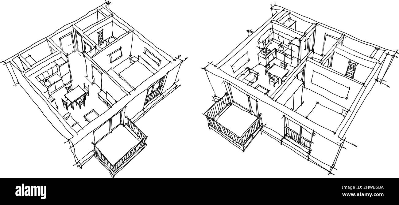Zwei handgezeichnete Skizzen der perspektivisch abgeschnittenen Abbildung einer komplett möblierten Wohnung mit einem Schlafzimmer Stockfoto