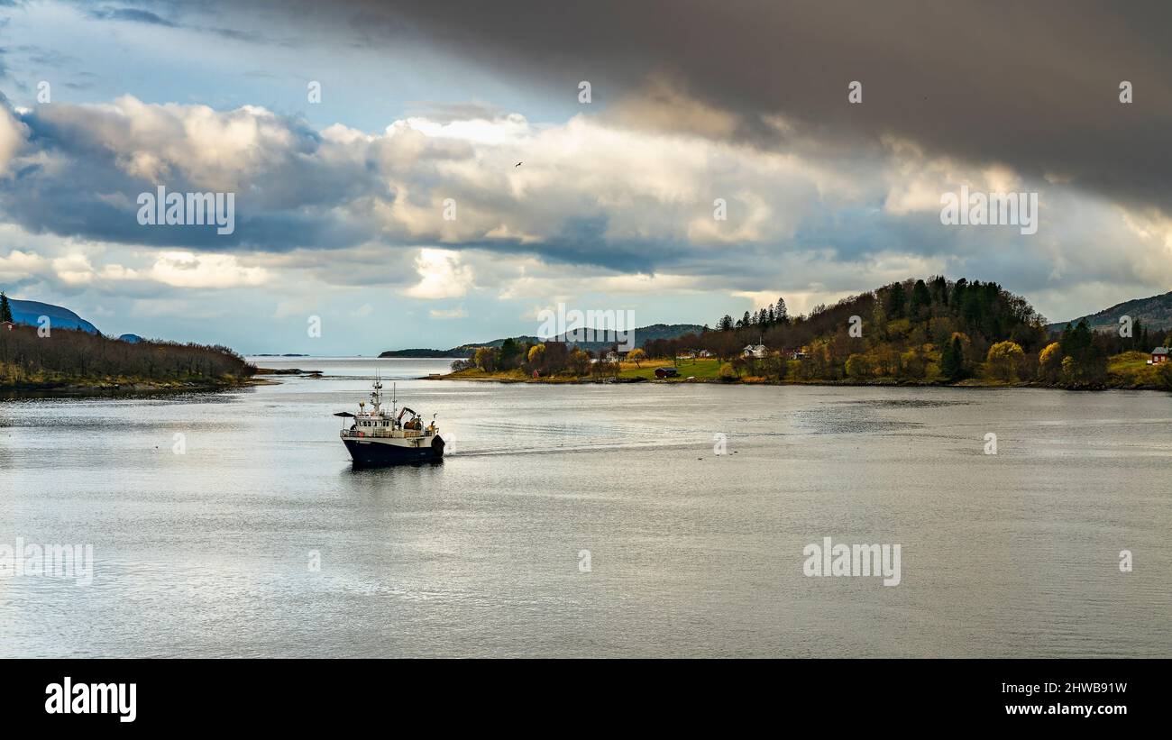 Fischerboot im Fjord bei Ørnes, Norwegen. Häuser an der Küste, umgeben von herbstlich gestärkten Bäumen im Morgenlicht. Interessante Wetterstimmung Stockfoto