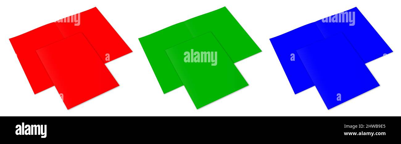 Drei RGB-Broschürendruckvorlagen rot, grün und blau für Präsentationslayouts und Design. 3D Rendern. Digital Generiertes Bild. Isoliert auf Weiß Stockfoto