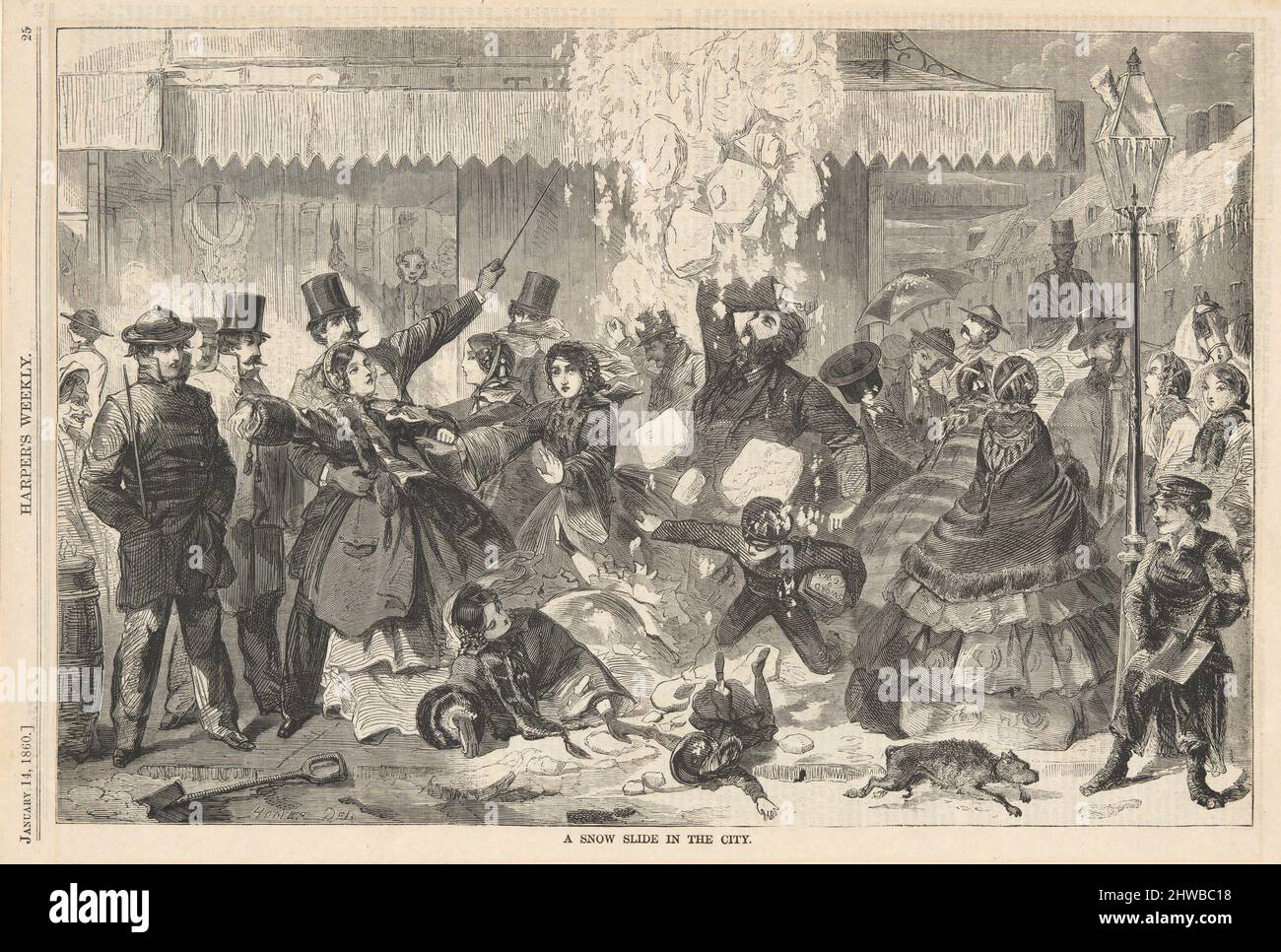 Eine Schneerutsche in der Stadt, von Harper’s Weekly, 14. Januar 1860. Künstler: Winslow Homer, Amerikaner, 1836–1910 Stockfoto