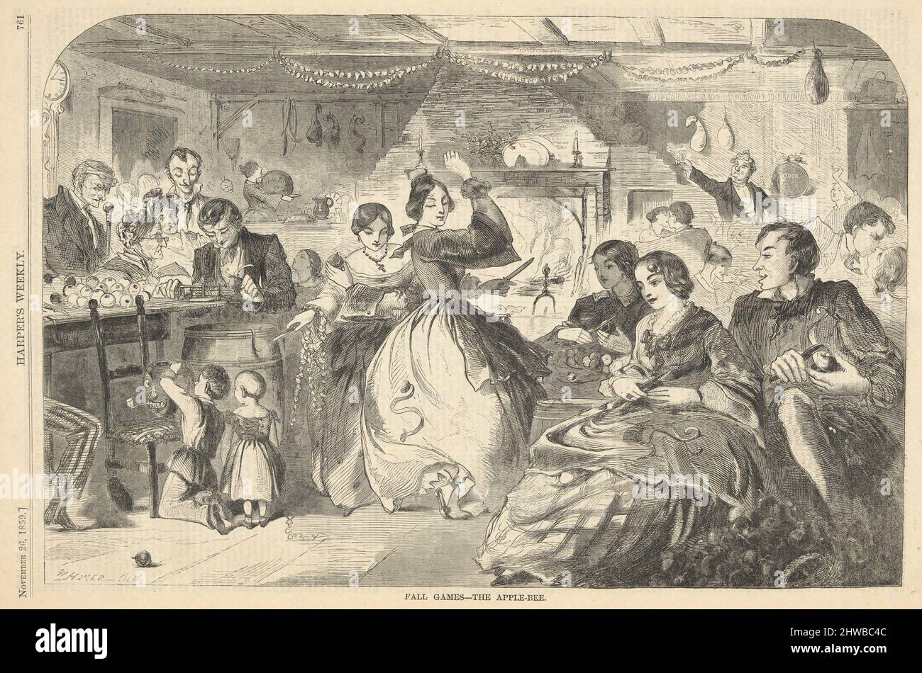 Herbst-Spiele-die Apple-Bee, von Harper’s Weekly, 26. November 1859. Künstler: Winslow Homer, Amerikaner, 1836–1910 Stockfoto