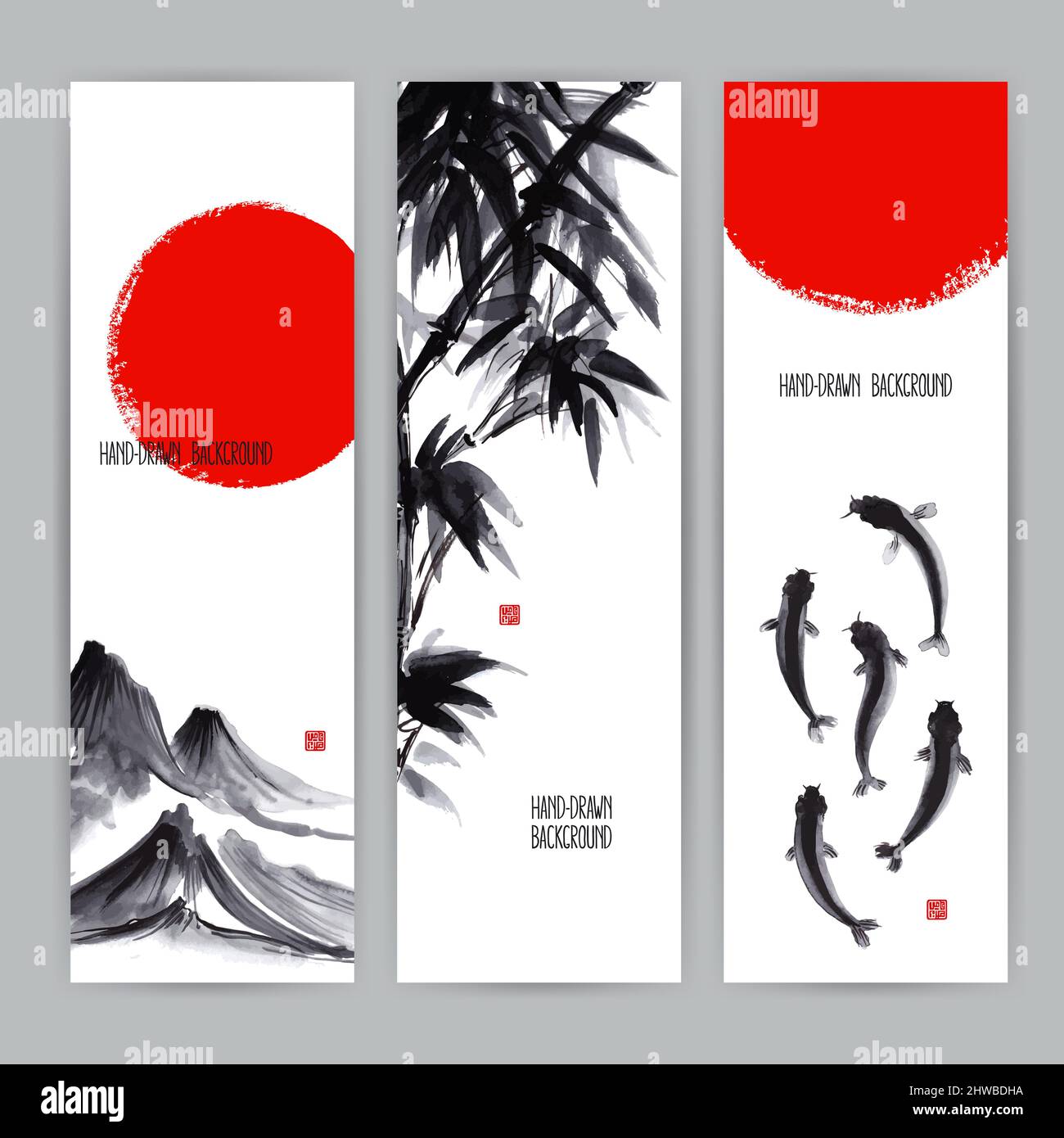 Drei schöne Banner mit japanischen Naturmotiven. Sumi-e. Handgezeichnete Illustration Stock Vektor