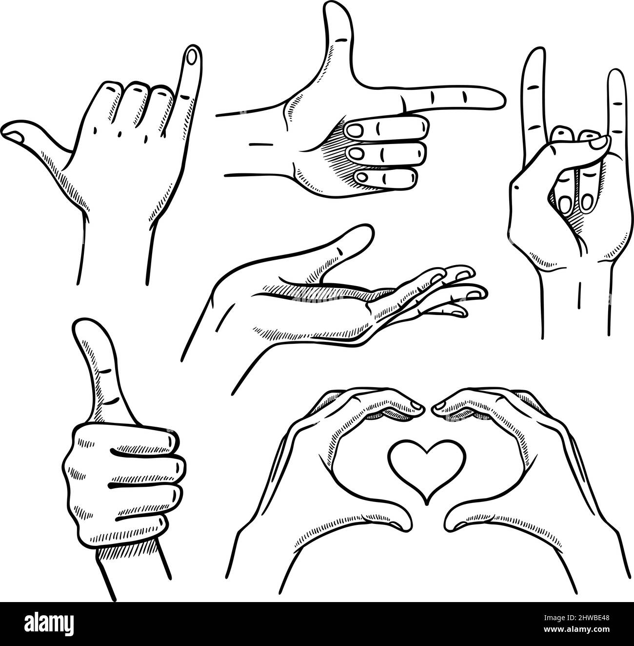 Verschiedene Gesten weiblicher Hände. Isoliert auf weißem Hintergrund. Vektorgrafik Stock Vektor
