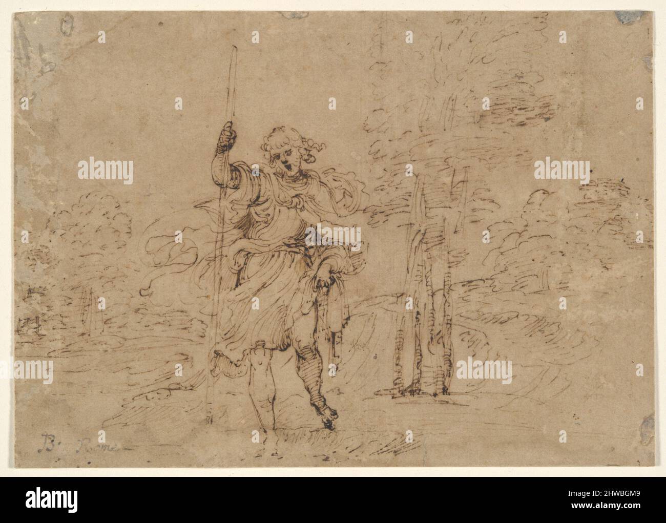 Saint Christopher (oder Saint Roch?) In einer Landschaft. Künstler: Lodovico Carracci, italienisch, 1555–1619 Künstler, zugeschrieben: Francesco Brizio, italienisch, ca. 1575–1623 Künstler, zugeschrieben: Giovanni Luigi Valesio, italienisch, 1583?–1633/50 Stockfoto