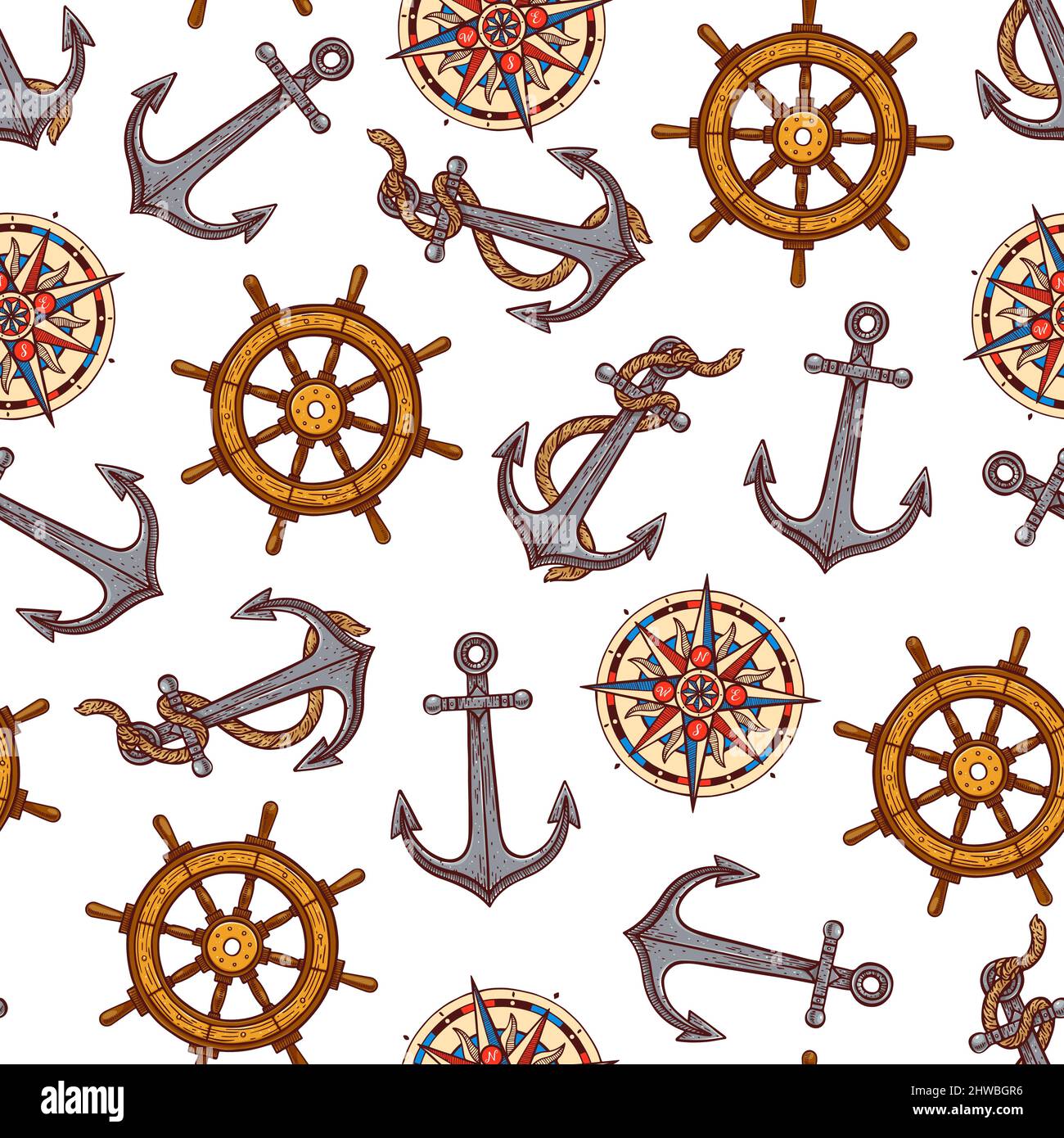 Schöne nahtlose Hintergrund der maritimen Symbole. Handgezeichnete Illustration Stock Vektor