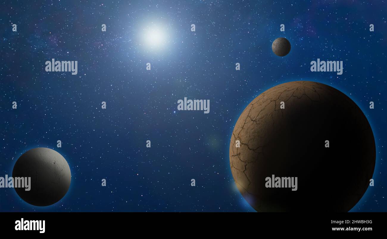 Raum Planeten Hintergrund. Entferntes Panorama eines Sternensystems in cosmo mit 3D Renderings von Exoplaneten und Wandtextur. Hintergrund mit Streulicht Stockfoto