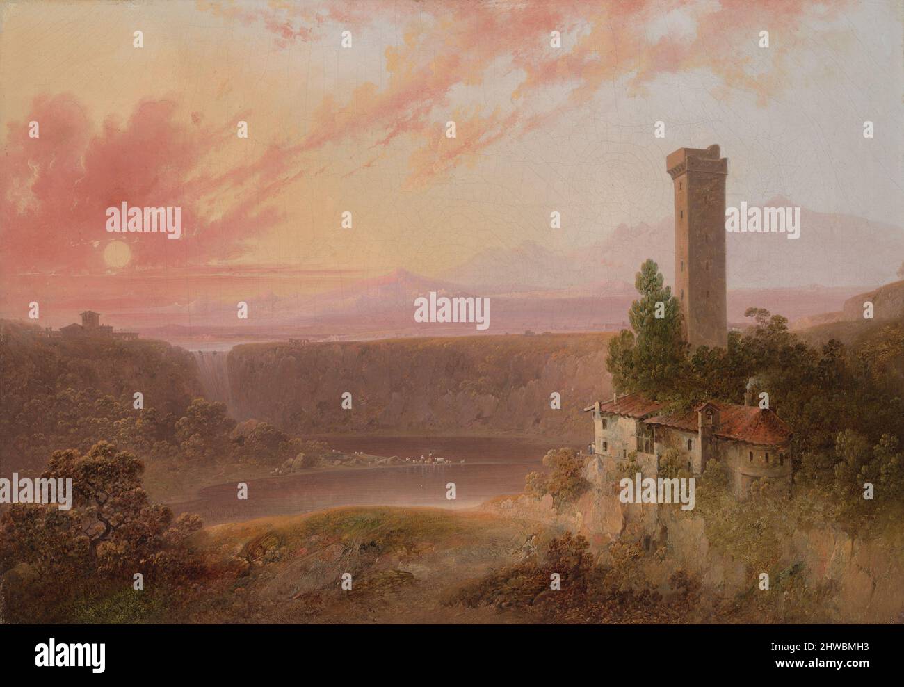 Blick auf den Lake Nemi bei Sonnenuntergang. Künstler: Joshua Shaw, British, um 1777 - 1860 Stockfoto