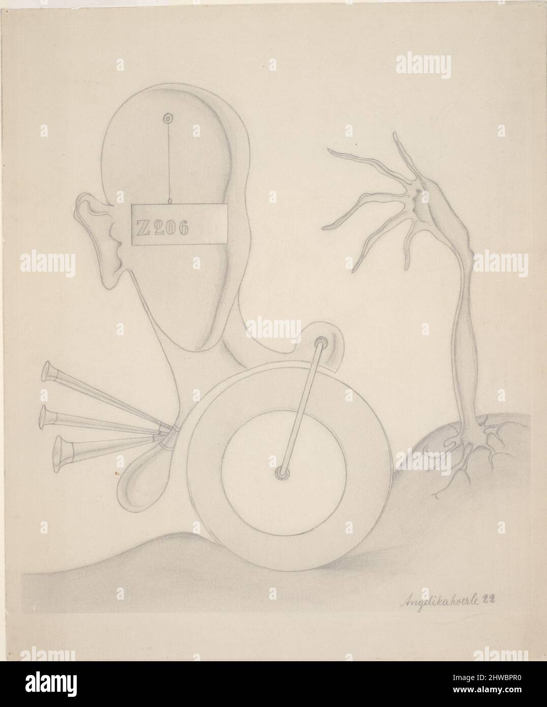 Kopf mit Schild, Hand, Rad und Autom. Hupe. Künstler: Angelika Hoerle, Deutsch, 1899–1923 Stockfoto