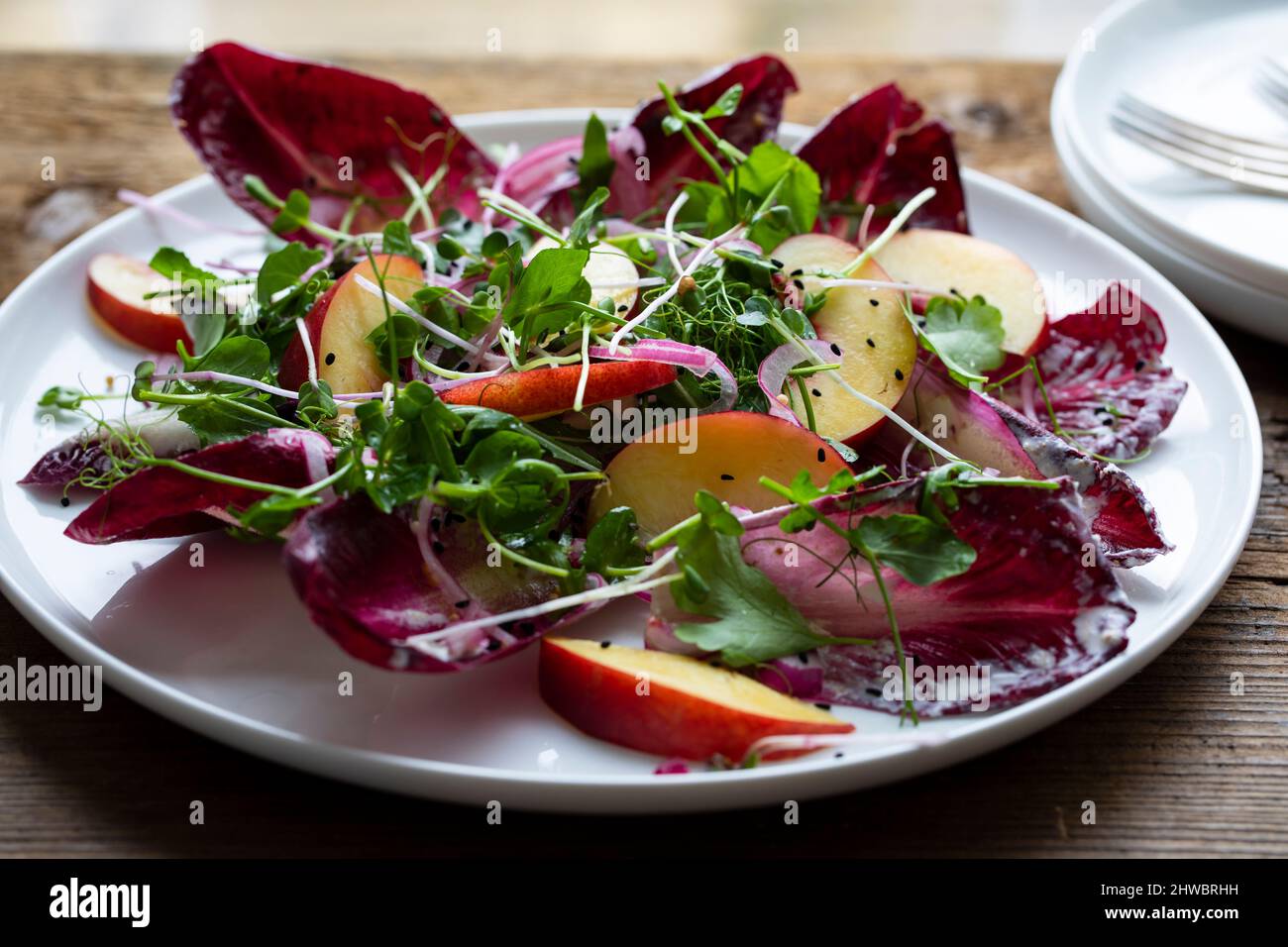 Sommer knackiger Radicchio und Pfirsichsalat Stockfoto