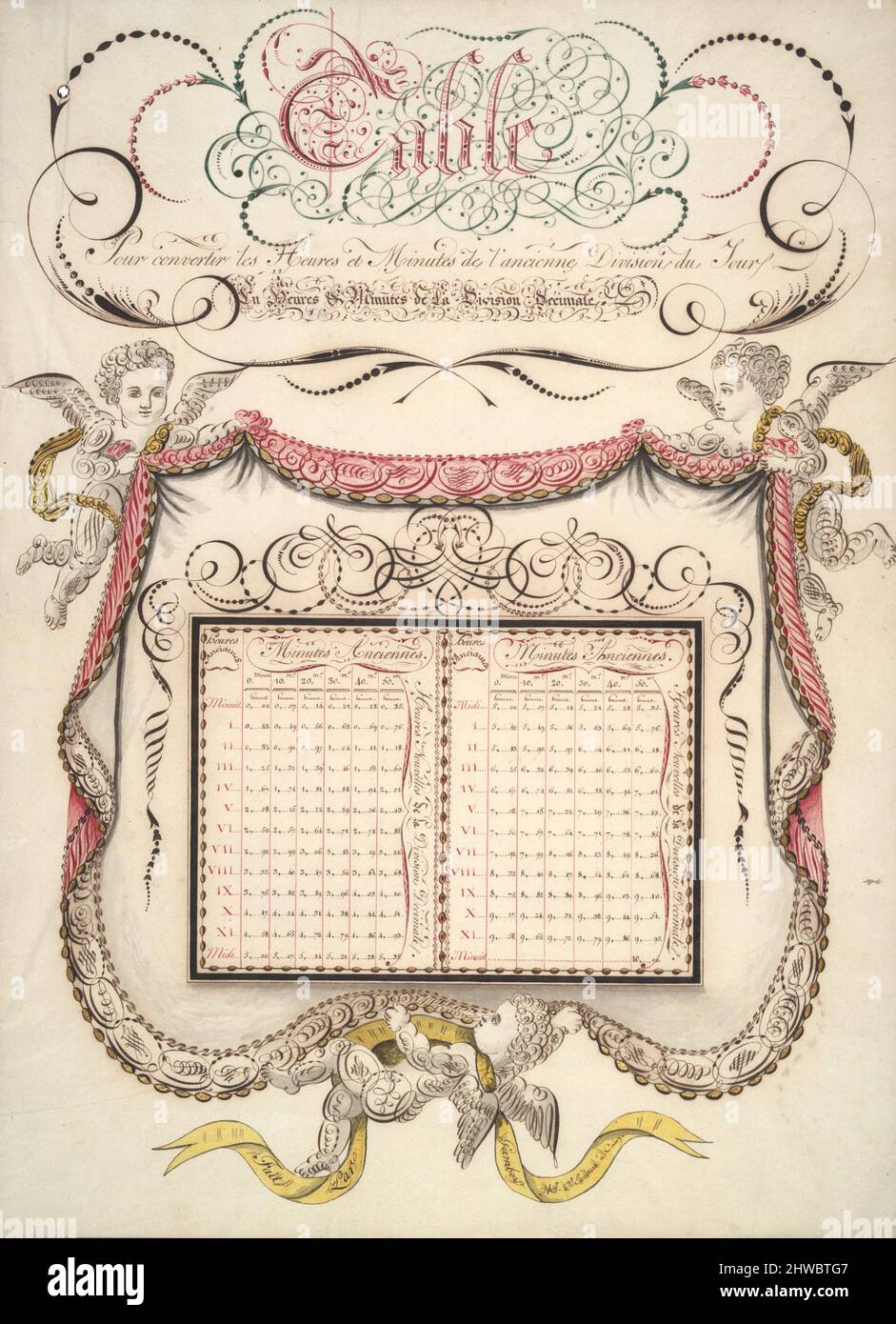 Table pour converrtir les heures et minutes de l’ancienne Division du jour. Künstler: Gambey, Französisch Stockfoto