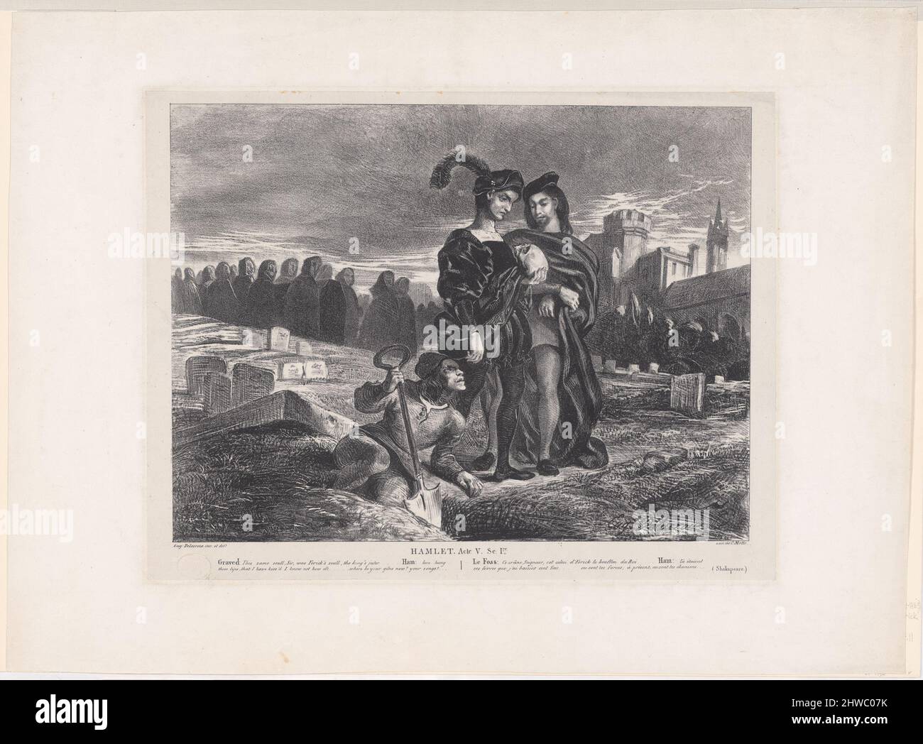 Hamlet betrachtet le crâne d’Yorick (Hamlet betrachtet Yoricks Schädel). Künstler: Eugène Delacroix, Französisch, 1798–1863 Stockfoto