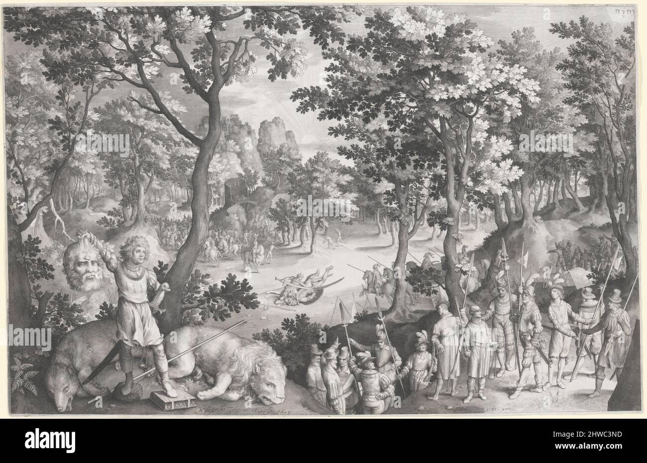 David und Goliath. Künstler: Nicolaes de Bruyn, Flämisch, 1571–1656 Stockfoto