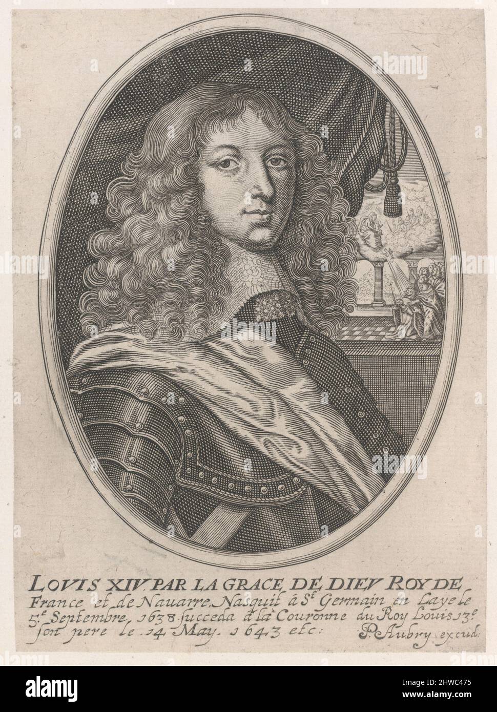 Porträt von Ludwig XIV. (Louis XIV par la Grace de Dieu Roy de France et de Navarre). Künstler: Pierre Aubry, Französisch, 1610–1686 Stockfoto