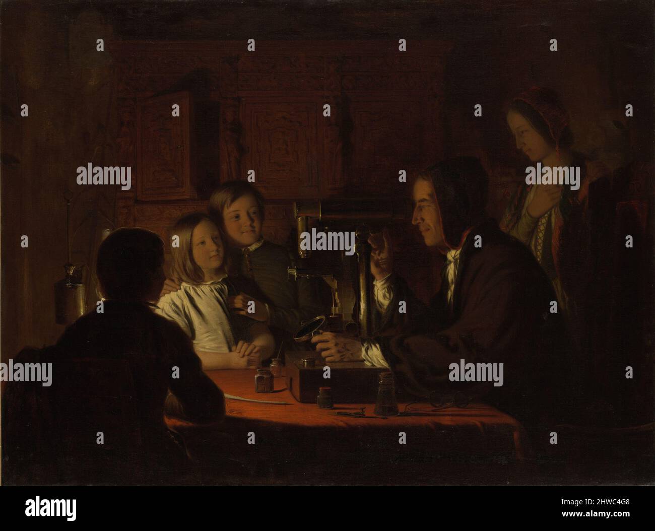 Das Mikroskop. Künstler: Robert Walter Weir, Amerikaner, 1803–1889 Stockfoto