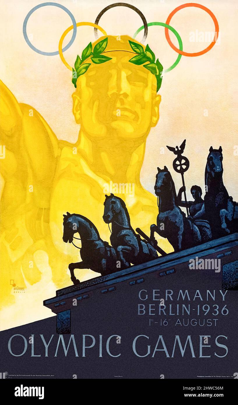Olympische Spiele, 1-16. August 1936, Berlin Plakat von Franz Würbel (1896-1944) mit goldfarbenem männlichen Athleten mit Lorbeerkranz hinter einer Silhouette des Brandenburger Tors. Stockfoto