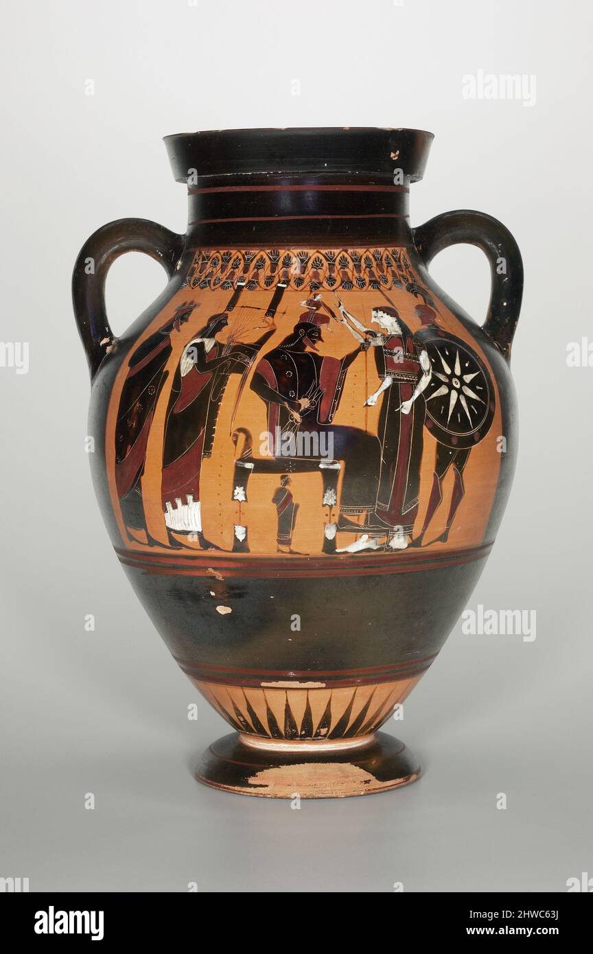 Amphora mit schwarzer Figur; A: Geburt der Athene; B: Frontalchariot. Künstler, zugeschrieben: Gruppe E, Griechisch, Dachboden, aktiv 560-540 v. Chr. Stockfoto