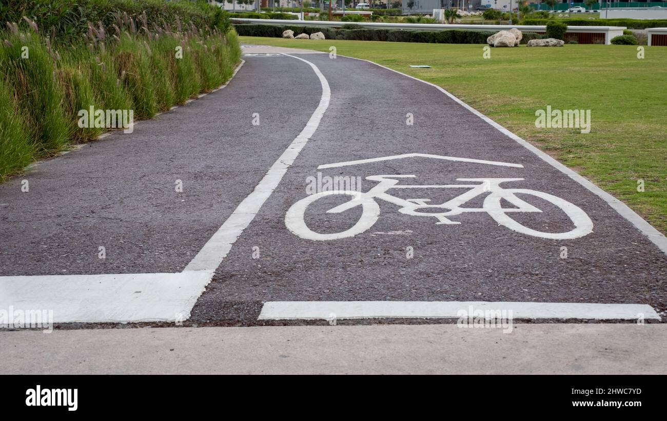 Radfahrbahnmarkierungen auf einem Weg durch einen öffentlichen Park Stockfoto