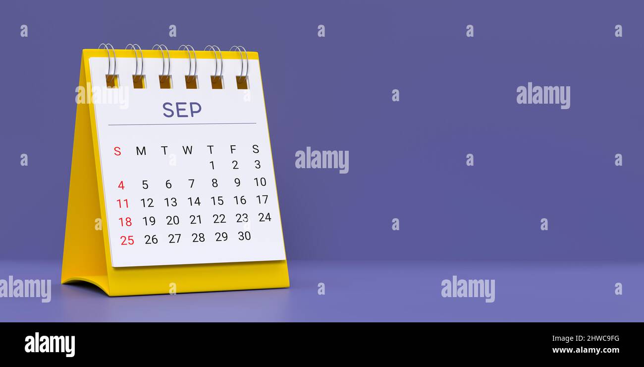 Monatsspirale Desktop Kalender 2022 Vorlage: 2022. September 3D gerenderte Datumsplanerseite auf blauem sehr Peri Hintergrund mit Kopierraum. Set mit 12 Stockfoto