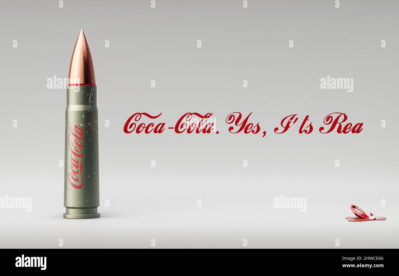 Kiew, Ukraine. März 4 2022. Ja, es ist echt Slogan. Aufgrund der Situation in der Ukraine ruft die Gesellschaft zum Coca-Cola-Boykott auf. Coca-Cola verkauft immer noch Limonade auf dem territorium von rusia, um Putin im Krieg zu unterstützen. Stockfoto