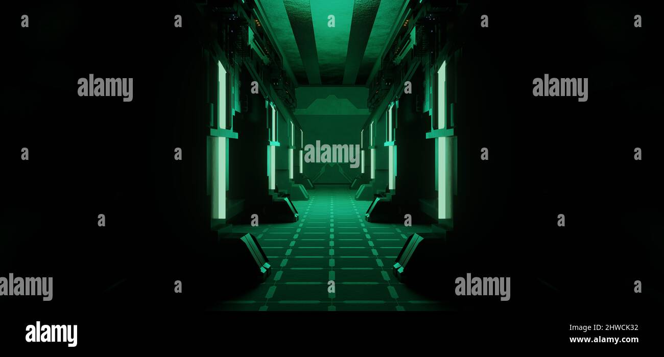 Nachtclub Inneneinrichtung grüne Lichter 3D Render für Laser-Show. Leuchtende grüne Linien. Abstrakter fluoreszierender grüner Hintergrund. 3D Abbildung Stockfoto