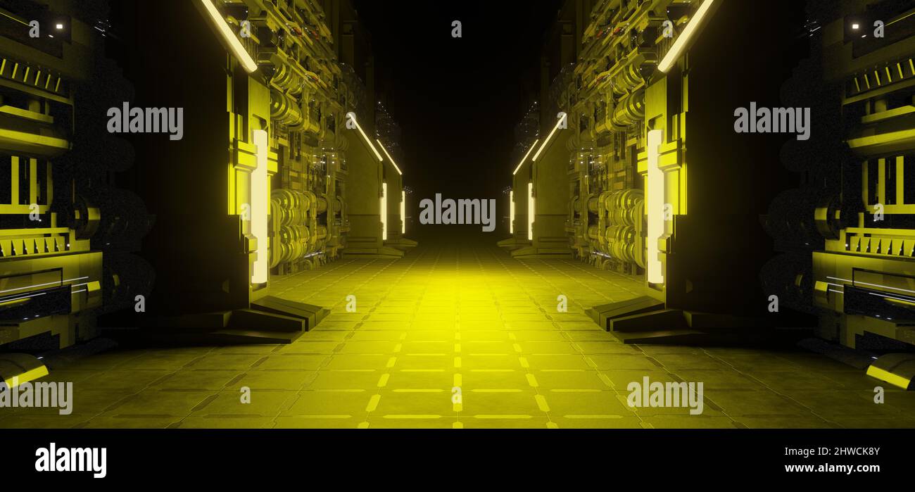 Modern futuristisch CyberSteampunk leerer Flur Korridor Raum Garage Studio Dance Glowing Lime Green Colors abstrakter Hintergrund für Clubs 3D Illus Stockfoto