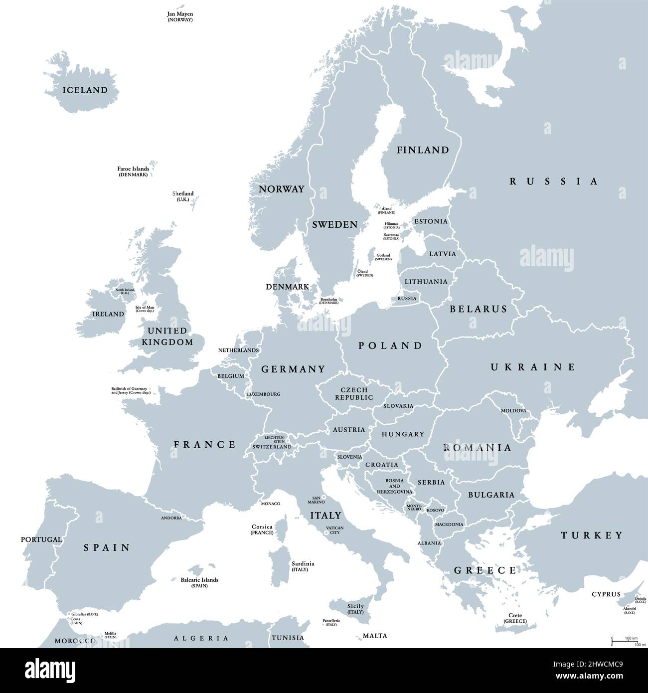 Europa, graue politische Landkarte. Kontinent und ein Teil Eurasiens, in der nördlichen HeWelt gelegen, mit etwa 50 souveränen Staaten. Stockfoto
