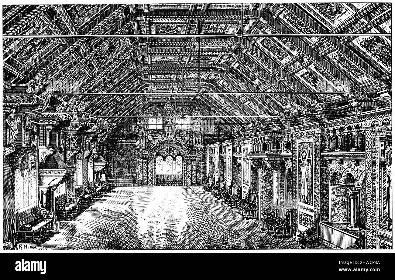 Wartburg: Ballsaal und Waffenkammer, Allemagne, , (kulturhistorisches Buch, 1893), Wartburg: Festsaal und Waffensaal, Deutschland, Chateau de Wartbourg, Allemagne Stockfoto