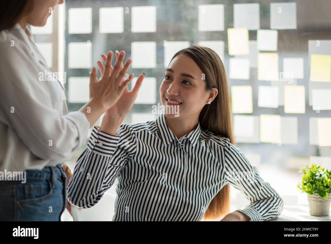 Zwei asiatische Kolleginnen geben sich gegenseitig hohe fünf, erfolgreiche Business-Team arbeiten zusammen Konzept. Stockfoto