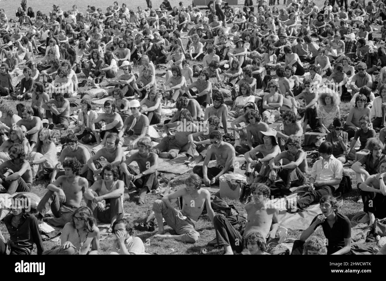 Musikfans beim zehnten National Jazz and Blues Festival. Plumpton Race Track, Streat., East Sussex. 6..-9.. August 1970. Stockfoto