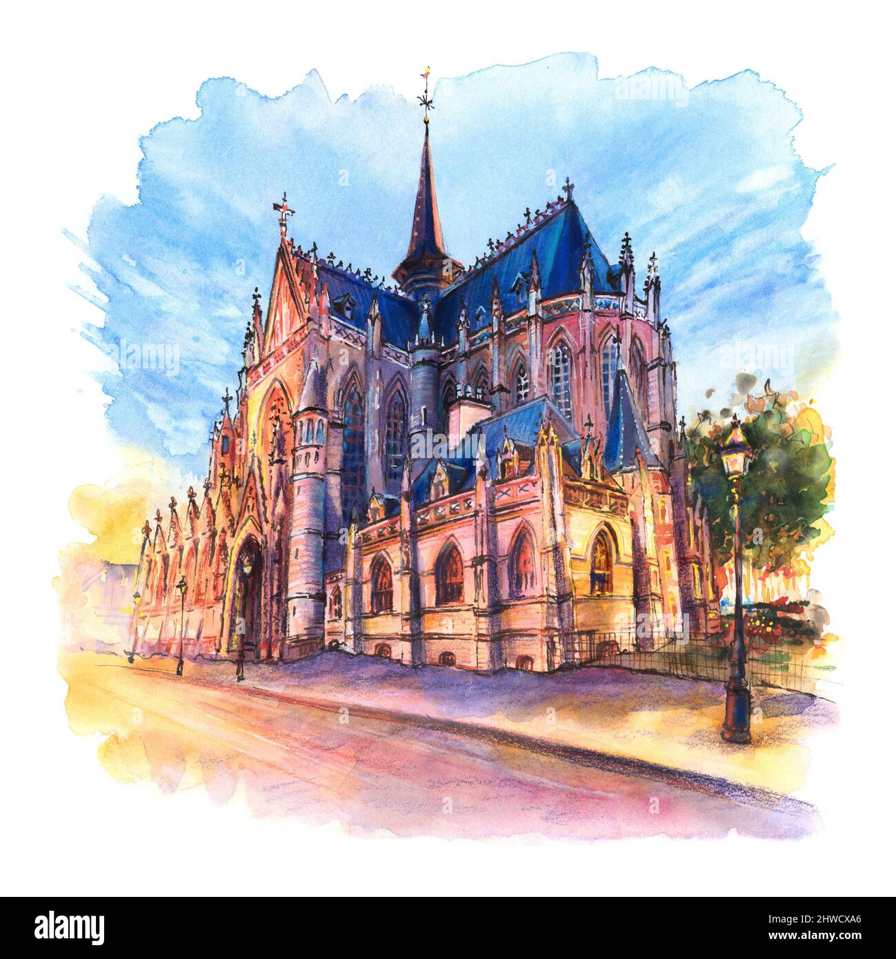 Aquarell-Skizze der Kirche unserer Lieben Frau von Siegen in Sablon, Brüssel, Belgien Stockfoto