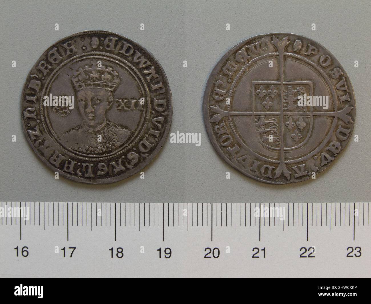 1 Schilling von Edward VI., König von England aus London. Herrscher: Edward VI., König von England, Brite, 1537–1553, regiert 1547–53 Münzstätte: London Künstler: Unbekannt Stockfoto