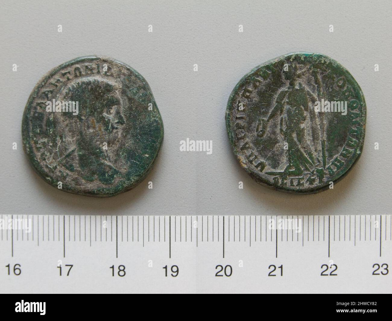 4 Assaria von Diadumenian, Kaiser des Römischen Reiches von Nikopolis. Herrscher: Diadumenian, Kaiser von Rom, 208–218 n. Chr., regierte 217–18 Münzstätte: Nicopolis ad Istrum Stockfoto