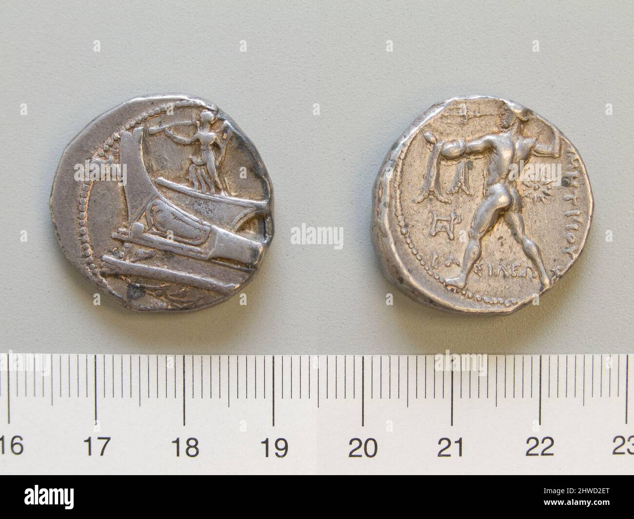 Tetradrachme von Demetrius Poliorcetes, König von Mazedonien. Herrscher: Demetrius I., Poliorcetes, König von Mazedonien, 337–283 v. Chr., regiert 294–288 Münzstätte: Mazedonien Stockfoto