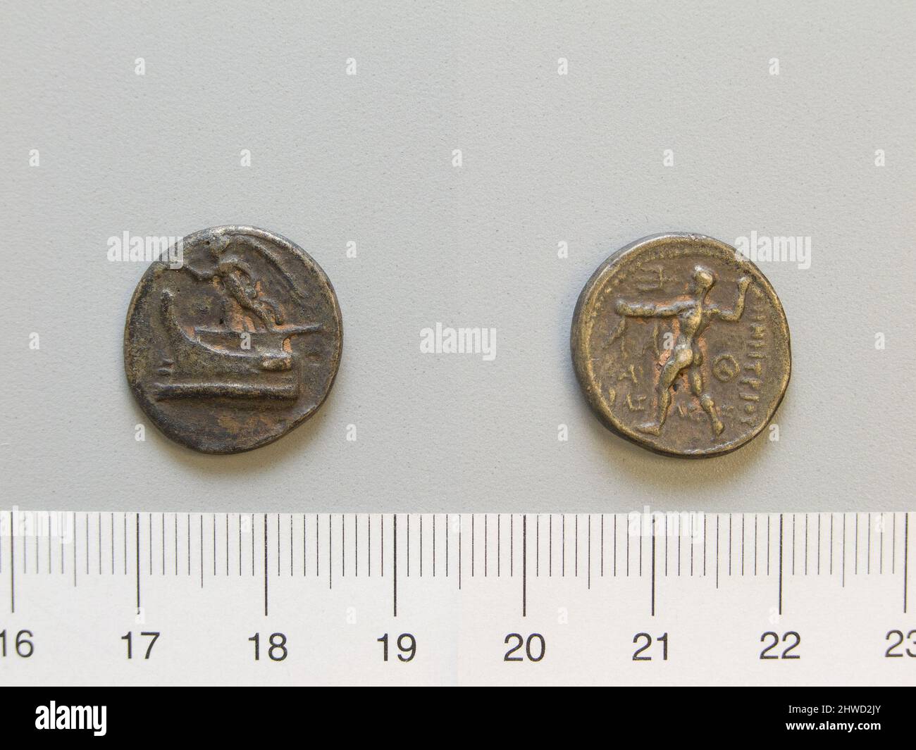 Münze von Demetrius Poliorcetes, König von Mazedonien. Herrscher: Demetrius I., Poliorcetes, König von Mazedonien, 337–283 v. Chr., regiert 294–288 Künstler: Unbekannt Münzstätte: Mazedonien Stockfoto