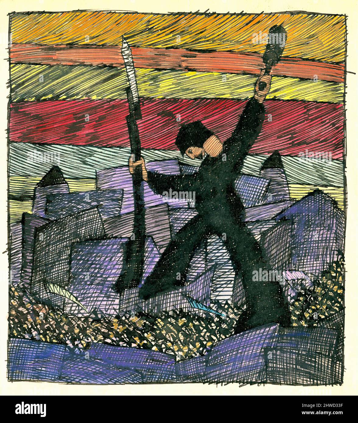 Karl Wiener- Krieg - Krieg - Ein einsamer Soldat steht auf einer Masse von Menschen mit einer Granate in der Hand, die kurz vor dem Streik stehen - Antikriegskunst - um 1921 Stockfoto