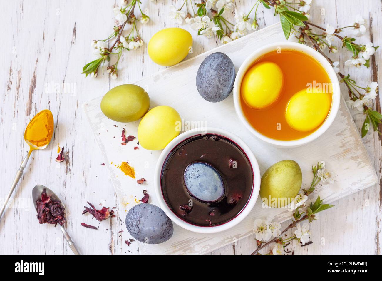 Natürlicher Farbstoff für ostereier, Feier Ostern. Hausgemachte bunte ostereier in Karcade und Kurkuma auf einem rustikalen Tisch. Draufsicht flach liegend. Stockfoto