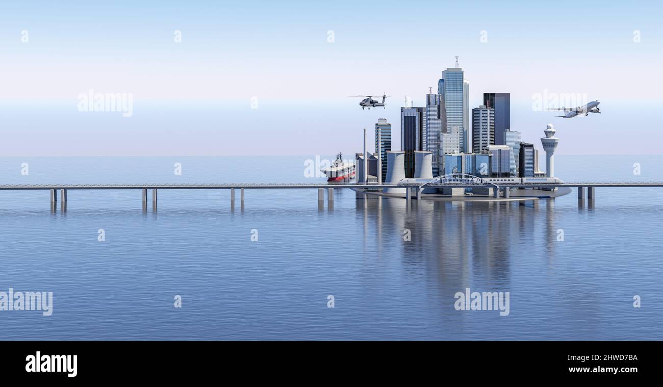 Panoramablick auf die elegante Skyline der Stadt, einschließlich Hochhaus und Transport. 3D Rendern Stockfoto