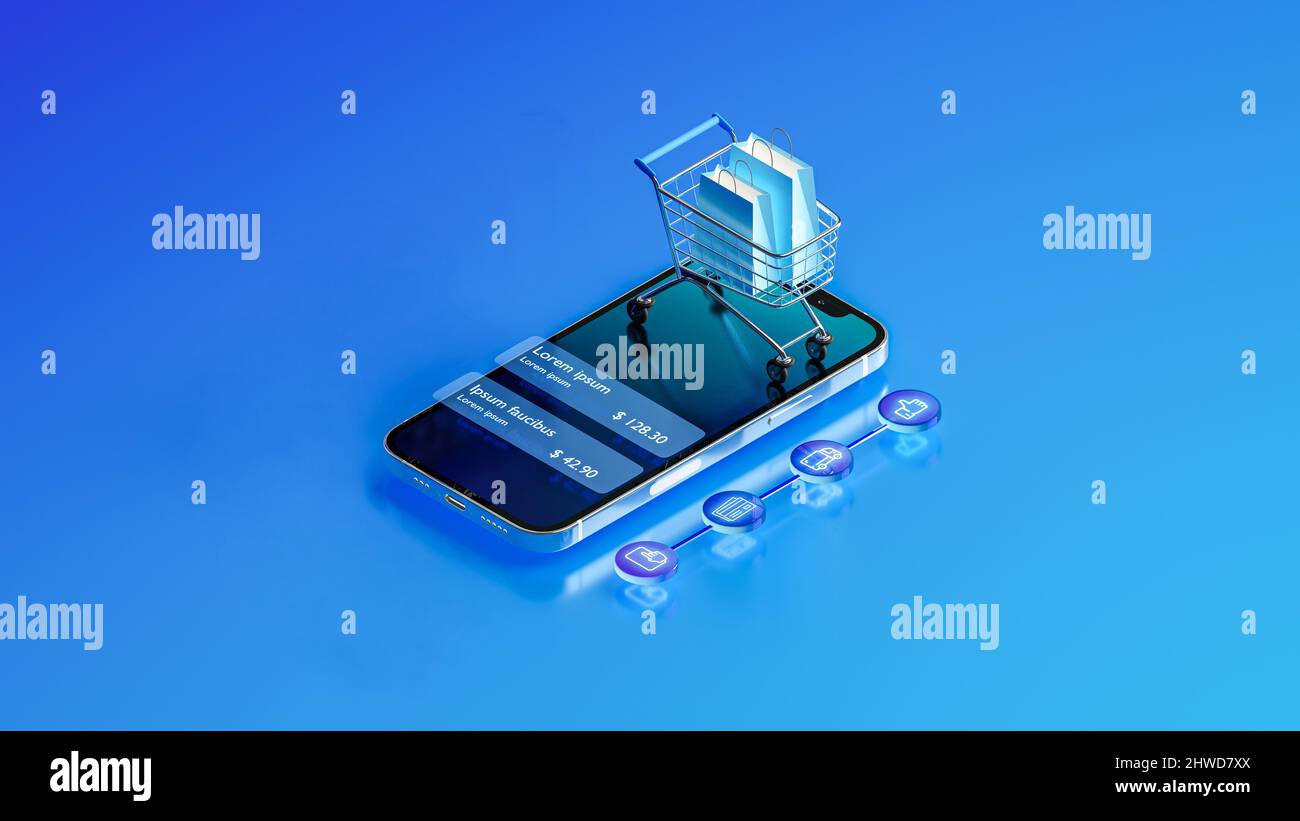 Smartphone und Warenkorb mit e-Wallet, die für den Online-Einkauf bezahlen. Online Business Technologie Konzept. 3D Rendern Stockfoto