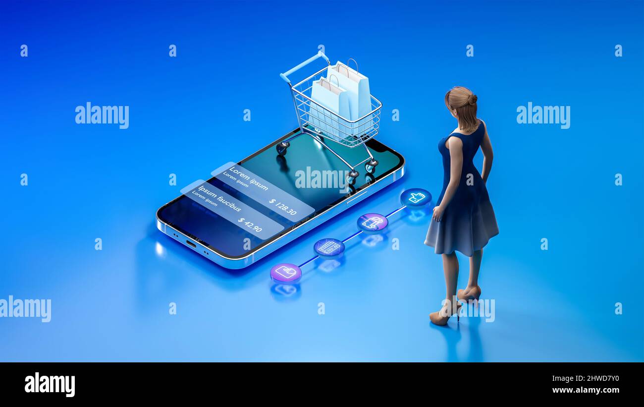 Frau mit Einkaufswagen und Smartphone-Bildschirm auf dem Hintergrund. Einkaufskassewagen. Einkaufskorb. Online-Shopping, Werbekonzept und e-Wallet. Stockfoto