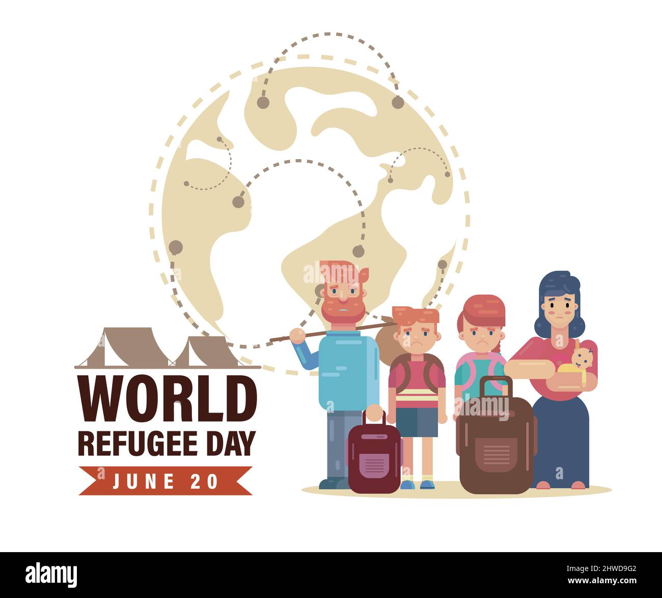 Weltflüchtlingstag 20.. Juni, traurige Familie verlassen mit Lager und Globus Krieg Krise Poster Banner Hintergrund Vorlage Stock Vektor