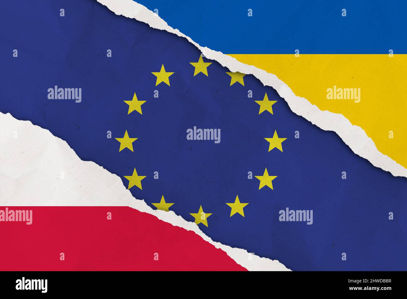 Ukraine, Europäische Union, Polen Flagge zerrissene Papier Grunge Hintergrund Stockfoto