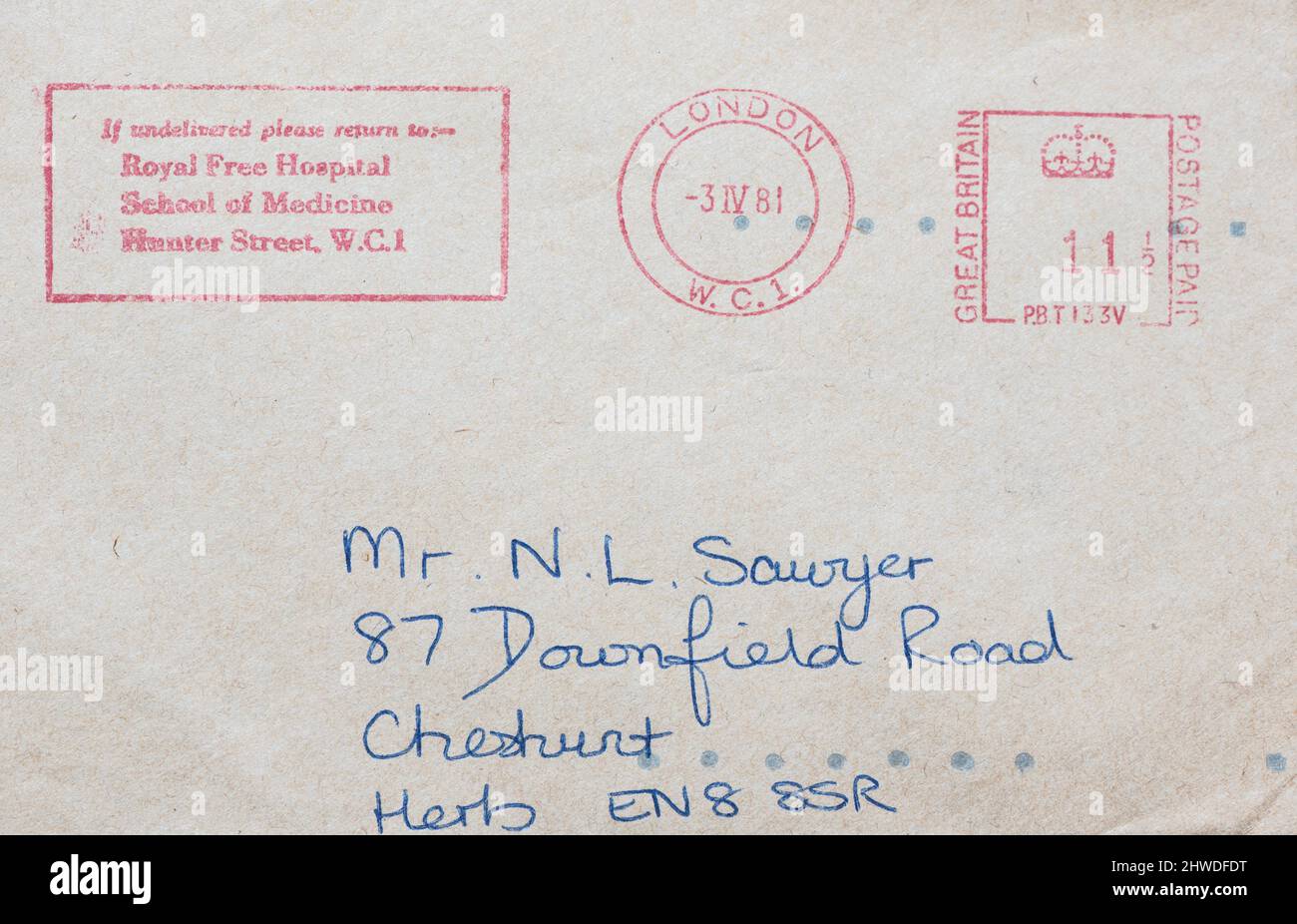 1981-Meter-Marke, die vom Royal Free Hospital verwendet wird Stockfoto