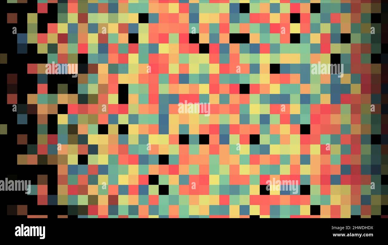 Abstrakte Animation eines mehrfarbigen Pixelflecks, der sich horizontal auf dem schwarzen Hintergrund bewegt. Einzigartige abstrakte Pixelanimation Stockfoto
