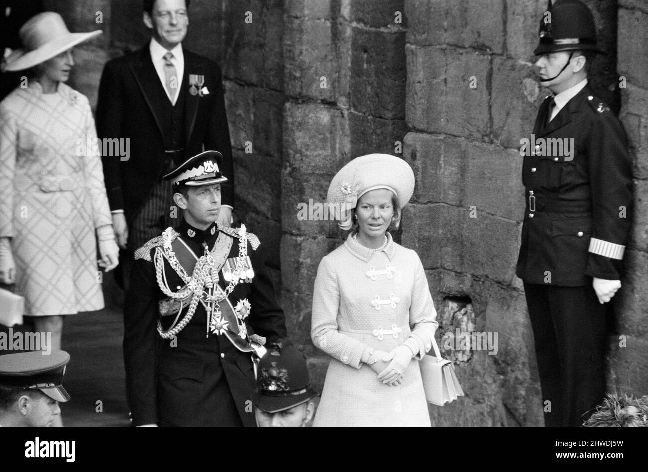 Die Investitur von Prinz Charles auf Caernarfon Castle. Caernarfon, Wales. Abgebildet der Herzog und die Herzogin von Kent. 1.. Juli 1969. Stockfoto