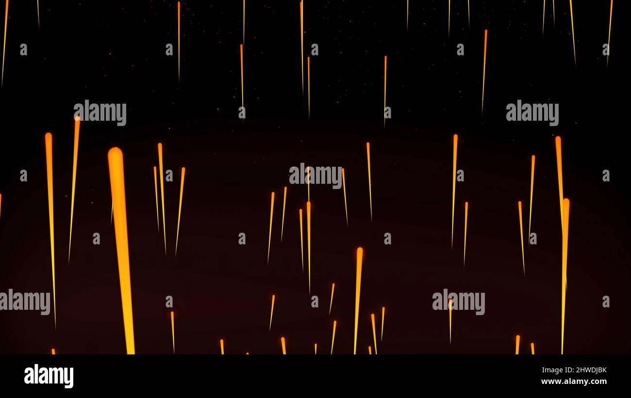 Regen von Feuerbällen oder Kometen, die niederregnen und sich niederlassen. Abstrakte Animation von Feuerregen. Stockfoto