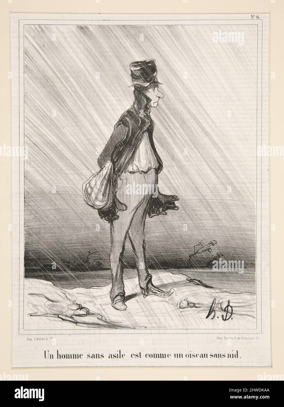 „UN homme sans asile est comme un oiseau sans nid“, von Proverbes et Maximes, Nummer 6, aus Le Charivari, 17. Juli 1840. Künstler: Honoré Daumier, Französisch, 1808–1879 Stockfoto