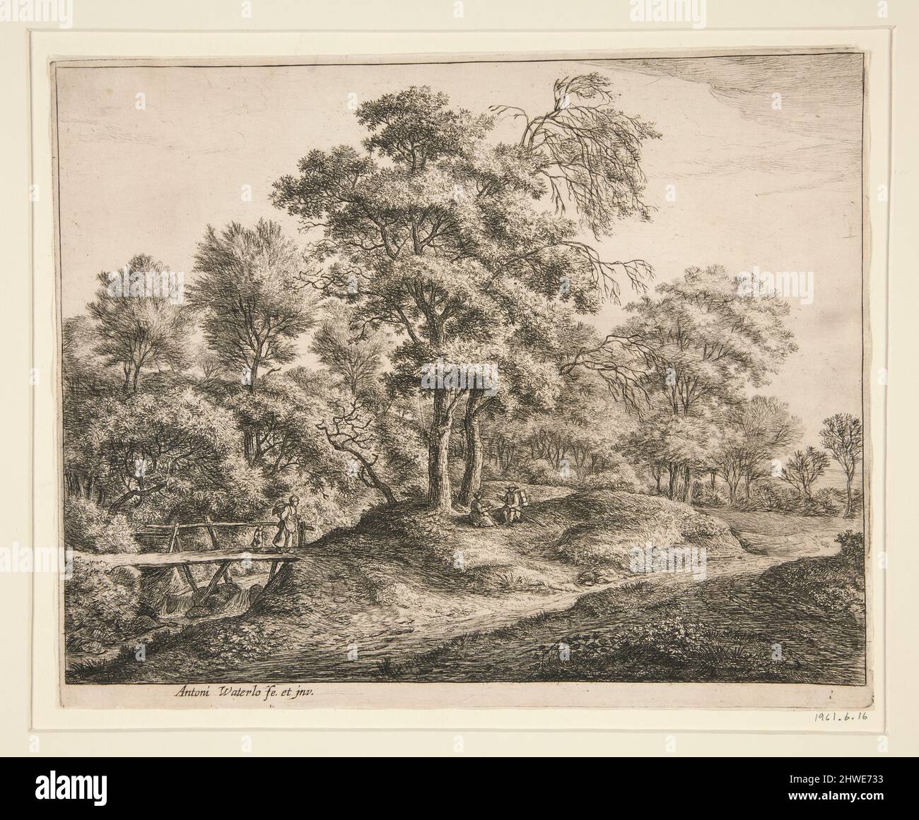 La paysanne et la fille sur le Petit pont de bois. Künstler: Anthonie Waterloo, Niederländisch, 1610–1690 Stockfoto