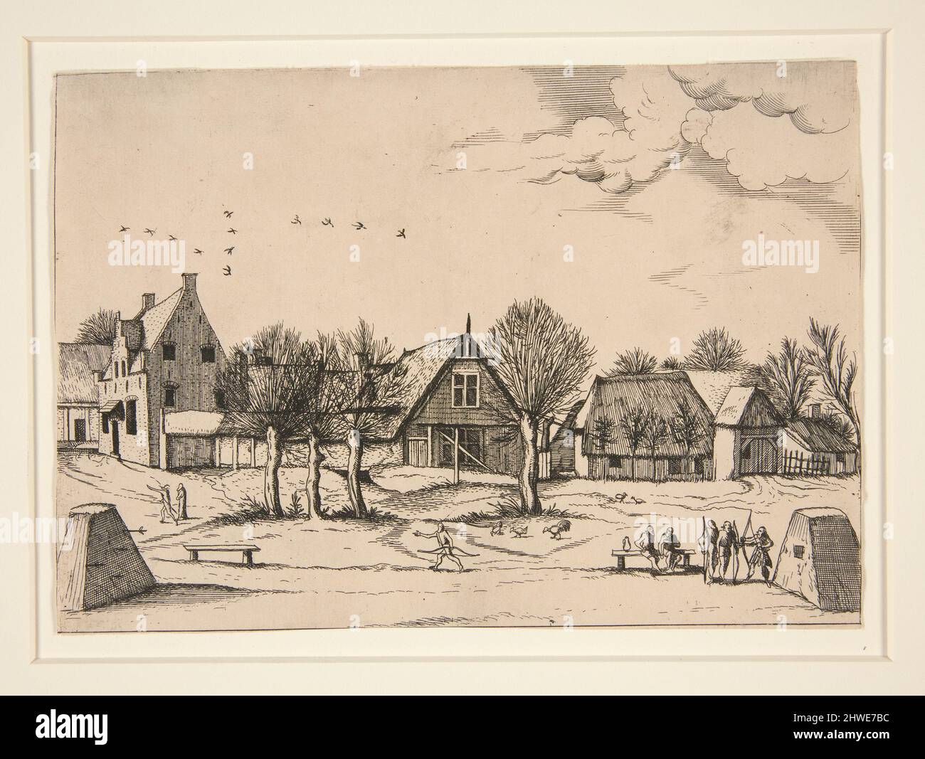 Country Village. Radcher: Johannes van Doetecum, der Ältere, Niederländer, aktiv 1554–ca. 1600Etcher: Lucas van Doetecum, Holländer, starb vor 1584 Künstler, früher zugeschrieben: Cornelis Cort, Holländer, 1533?–1578After: Meister der kleinen Landschaften, Flämisch, aktiv 1560 Stockfoto