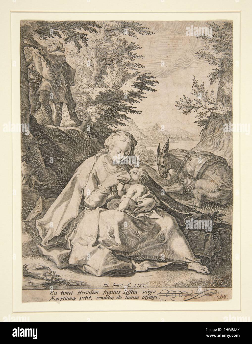 Die Heilige Familie auf der Flucht nach Ägypten. Graveur: Jacob Matham, Niederländisch, 1571–1631After: Hendrick Goltzius, Niederländisch, 1558–1617 Stockfoto