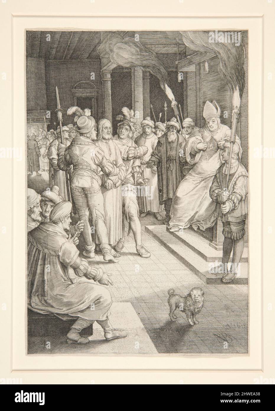 Christus vor Caiaphias (Passion Series). Künstler: Nicolaes de Bruyn, Flämisch, 1571–1656After: Hendrick Goltzius, Niederländisch, 1558–1617 Stockfoto